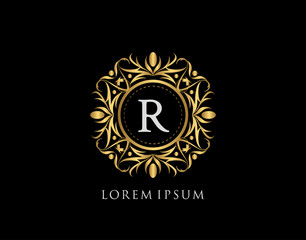 Gold Badge R Letter Logo. Luxury calligraphic vintage emblem with beautiful classy floral ornament. Vintage Frame design Vector illustration.