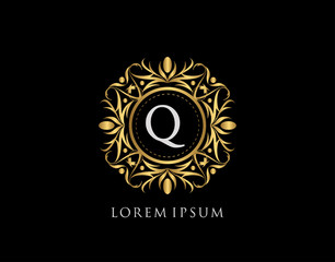 Gold Badge Q Letter Logo. Luxury calligraphic vintage emblem with beautiful classy floral ornament. Vintage Frame design Vector illustration.