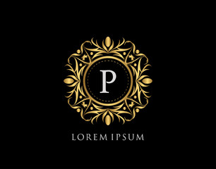Gold Badge P Letter Logo. Luxury calligraphic vintage emblem with beautiful classy floral ornament. Vintage Frame design Vector illustration.