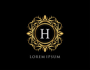 Gold Badge H Letter Logo. Luxury calligraphic vintage emblem with beautiful classy floral ornament. Vintage Frame design Vector illustration.