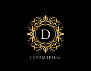 Gold Badge D Letter Logo. Luxury calligraphic vintage emblem with beautiful classy floral ornament. Vintage Frame design Vector illustration.