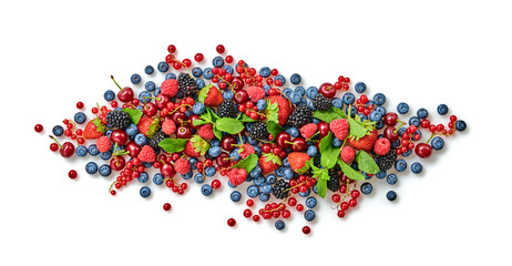 Blueberry, raspberry, blackberry, redcurrant, strawberry, cherry isolated on white. Fresh blueberry, berries mix closeup. Red raspberry, mint creative composition.