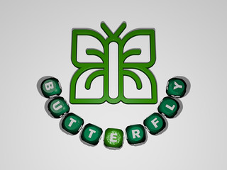 butterfly text around the 3D icon, 3D illustration for background and beautiful