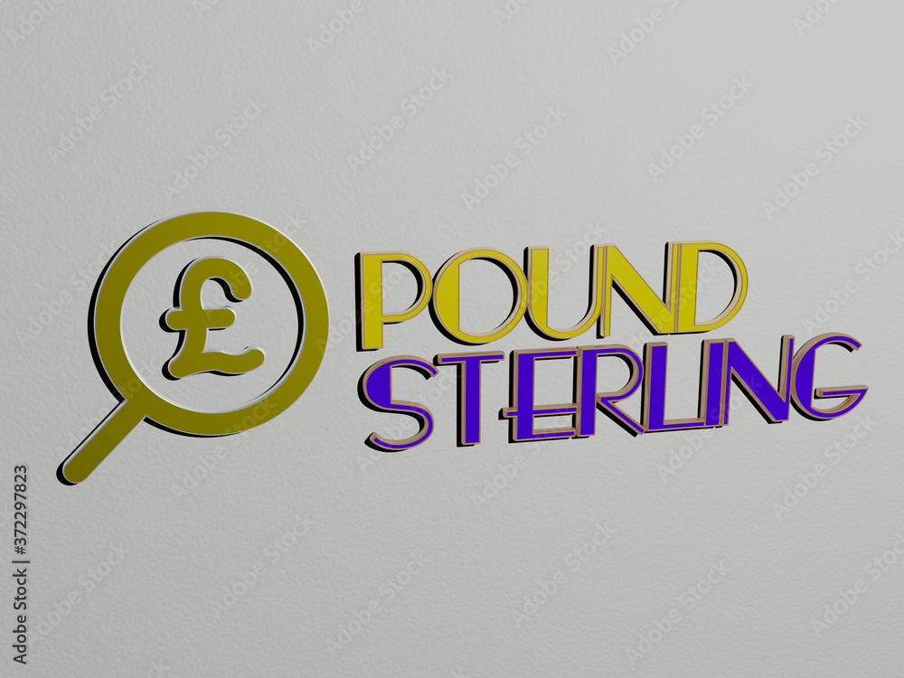 Poster 3d representation of pound sterling with icon on the wall and text arranged by metallic cubic letter
