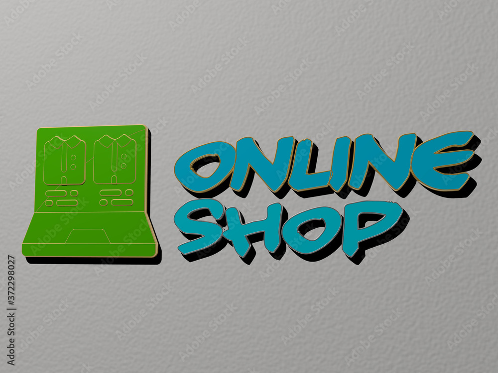 Fototapete 3d illustration of online shop graphics and text made by metallic dice letters for the related meani