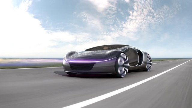 Fast electric car on highway. Concept of future car. 4k animation.