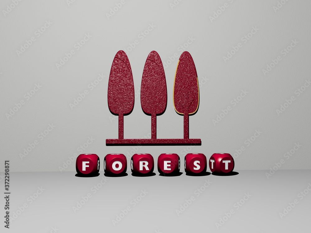 Poster 3d representation of forest with icon on the wall and text arranged by metallic cubic letters on a m
