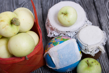 Apples in a red wicker basket. Jam in jars and apples nearby. Fruit harvest. Nearby is a globe with a medical mask.