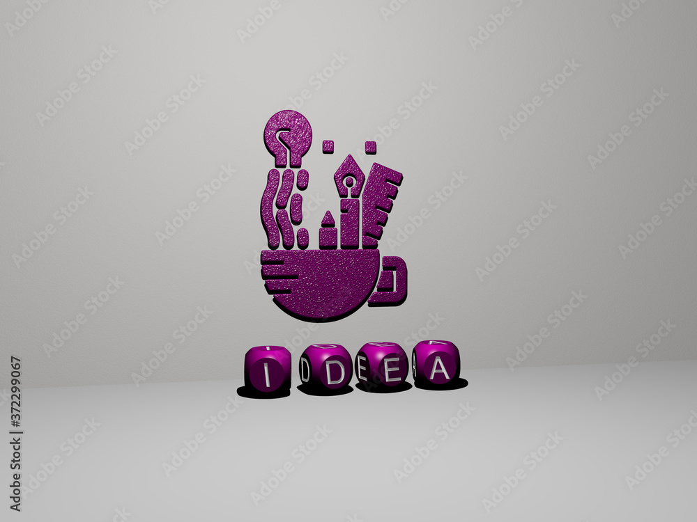 Aufkleber 3d representation of idea with icon on the wall and text arranged by metallic cubic letters on a mir