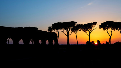 Wonderful sunset with a sky that turns red. In the foreground of the Mediterranean pine trees and ancient remains of a ancient Roman aqueduct.