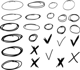 Set of hand drawn circles, crosses and okay mark. Vector round circles for highlighting messages, notes and other elements on the web or info graphics.