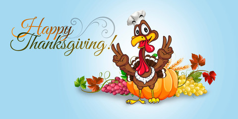 Cheerful turkey with Happy Thanksgiving Day inscription.