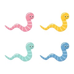 Caterpillar insect icon set line. Baby collection. Crawling catapillar bug. Cute cartoon funny character. Smiling face. Flat design. Colorful bright blue green color.