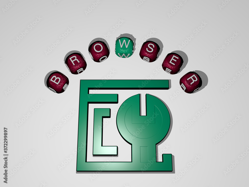 Poster browser icon surrounded by the text of individual letters, 3d illustration for computer and business