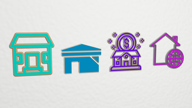 REAL ESTATE 4 icons set, 3D illustration