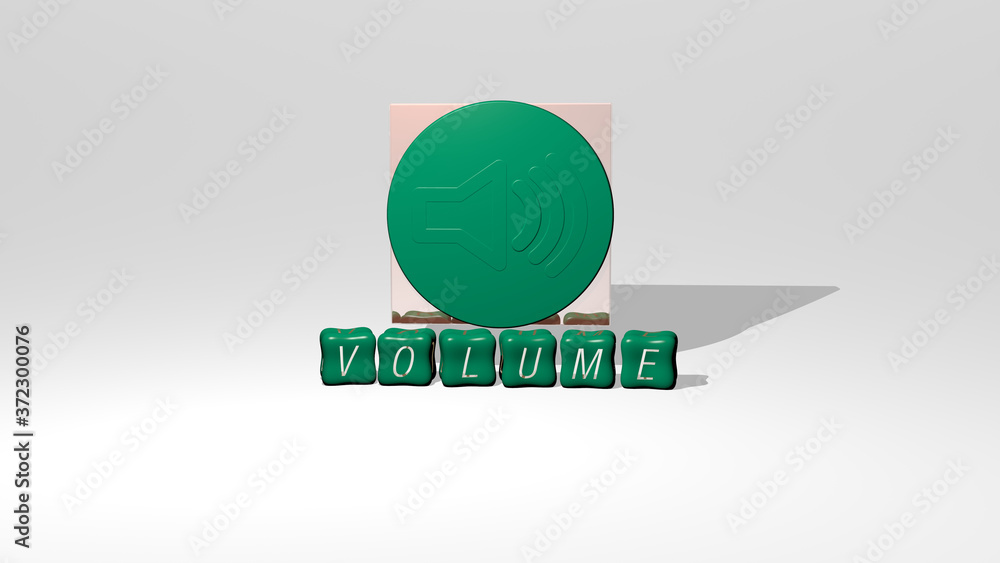 Poster 3d graphical image of volume vertically along with text built by metallic cubic letters from the top