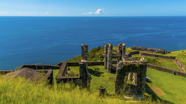 A view out to sea across the ruins of Brimstone Hill Fort in St Kitts