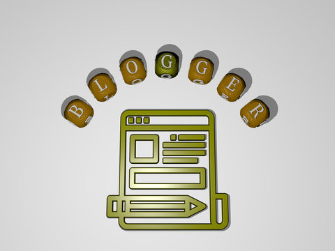 blogger icon surrounded by the text of individual letters, 3D illustration for background and business