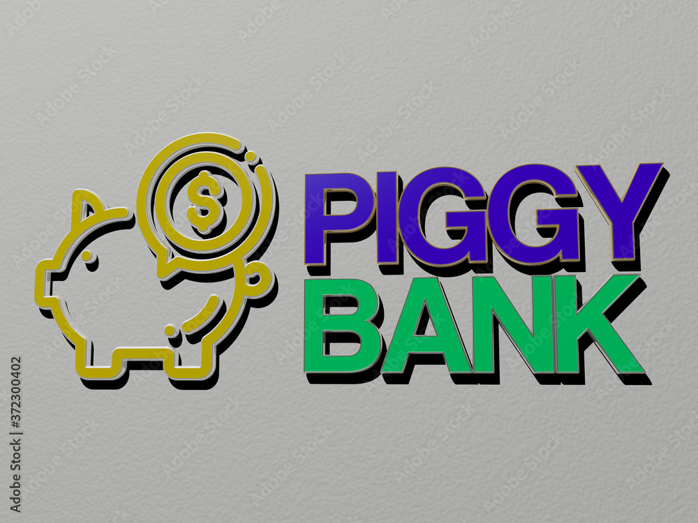 Aufkleber 3d representation of piggy bank with icon on the wall and text arranged by metallic cubic letters on