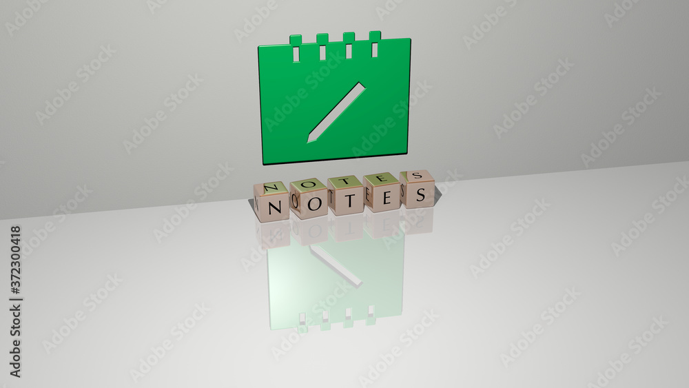 Poster notes text of cubic dice letters on the floor and 3d icon on the wall, 3d illustration for backgroun