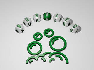 BUBBLES 3D icon surrounded by the text of cubic letters, 3D illustration for background and abstract