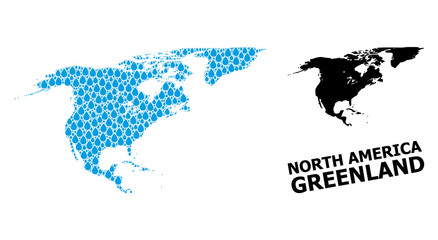 Vector Collage Map of North America and Greenland of Water Dews and Solid Map