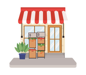 store with tent and vegetables inside boxes on shelves design of Shop supermarket and market theme Vector illustration