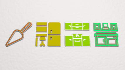 kitchen 4 icons set, 3D illustration for background and cooking