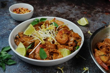 Homemade Shrimp Pad Thai with flat rice noodles