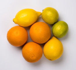 Close up of citrus fruits orange, lemon and lime isolated on white background.