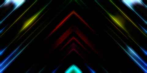 Obraz premium Abstract shining geometric lights background. Fractal symmetric graphic illustration. Intersecting glowing and shimmering bars.