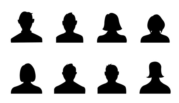Silhouette head, avatar face, person icon people. Male and female profile. Vector illustration set