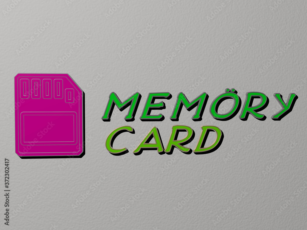 Poster 3d representation of memory card with icon on the wall and text arranged by metallic cubic letters o