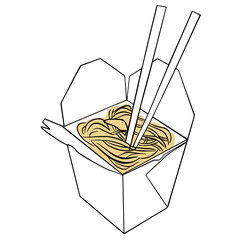 Hot wok noodles in paper box delivery service isolated on white. outline app symbol takeaway fast food. vector illustrations for cards posters and professional design.