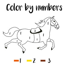 Preschool counting activities. Coloring page with colorful illustration. Color by numbers, printable worksheet. Educational game for children, toddlers and kids pre school age.Cute horse illustration 