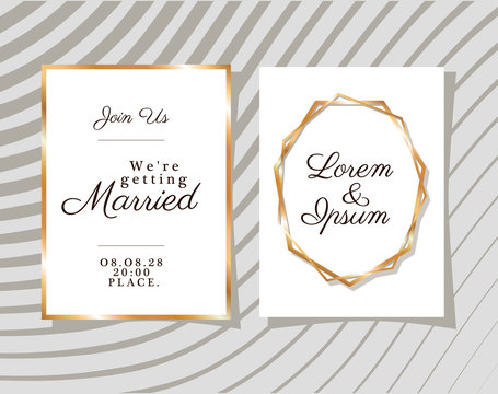 Two wedding invitations with gold ornament frames on gray background design, Save the date and engagement theme Vector illustration