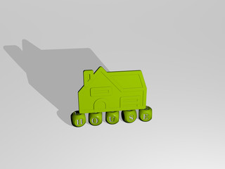 HOUSE 3D icon over cubic letters, 3D illustration for building and architecture