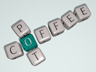 coffee pot crossword by cubic dice letters, 3D illustration for background and cup