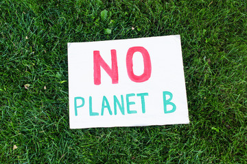 Top view of placard with no planet b lettering on grass outdoors, ecology concept