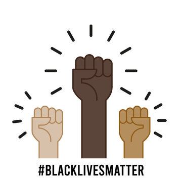 Black lives matter. Multiracial fists hands up. Concept of unity, revolution, no violence. Vector illustration, flat design