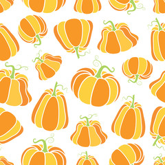 Bright cheerful pattern with pumpkins. Suitable for autumn decor, harvest festival, Halloween, healthy food.