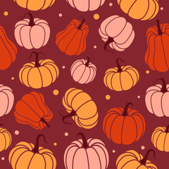 Bright cheerful pattern with pumpkins. Suitable for autumn decor, harvest festival, Halloween, healthy food.