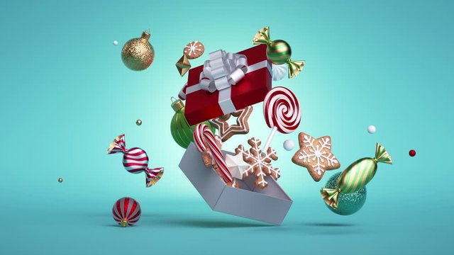 3d Christmas endless animation, looping intro. Gingerbread cookies, candy cane, candies, sweets, balls spin around the open gift box, isolated on blue background. Levitating festive ornaments