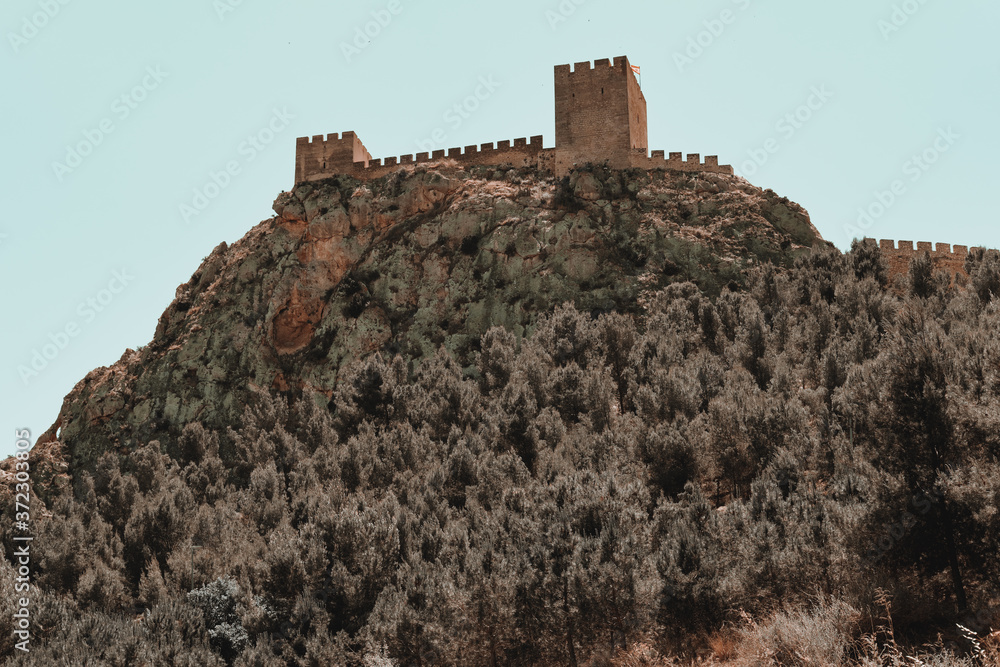 Wall mural castle of sax on rocky mountain top, spain