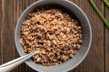 Above closeup view of buckwheat porridge