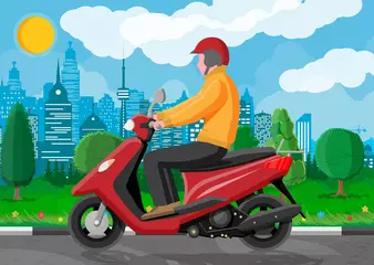 Foto op Plexiglas Man on motor scooter. Urban vehicle, city transportation. Guy drive modern motorbike. Cityscape with buildings, tree and road. Cartoon flat vector illustration. © absent84