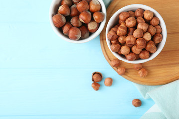 hazelnuts close-up on the table. Minimalism, place for text
