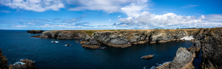 Landscape of Belle-île-en-mer, Morbihan, Brittany / Bretagne, France. Rocks and cliffs at the coast on the cote sauvage (wild coast). 