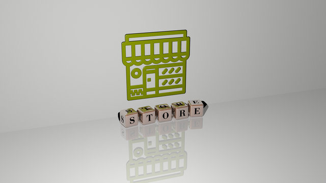 store text of cubic dice letters on the floor and 3D icon on the wall, 3D illustration for business and editorial