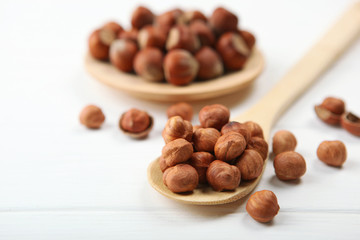 hazelnuts close-up on the table. Minimalism, place for text
